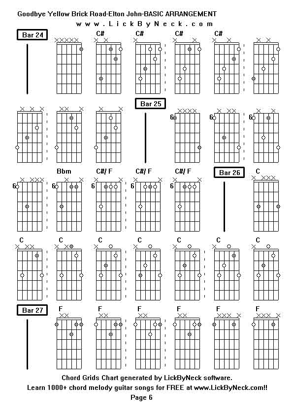 Chord Grids Chart of chord melody fingerstyle guitar song-Goodbye Yellow Brick Road-Elton John-BASIC ARRANGEMENT,generated by LickByNeck software.